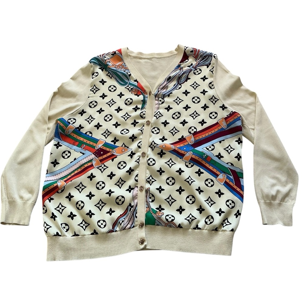 yellow color cardigan with colorful graphic print reminiscent of a silk scarf